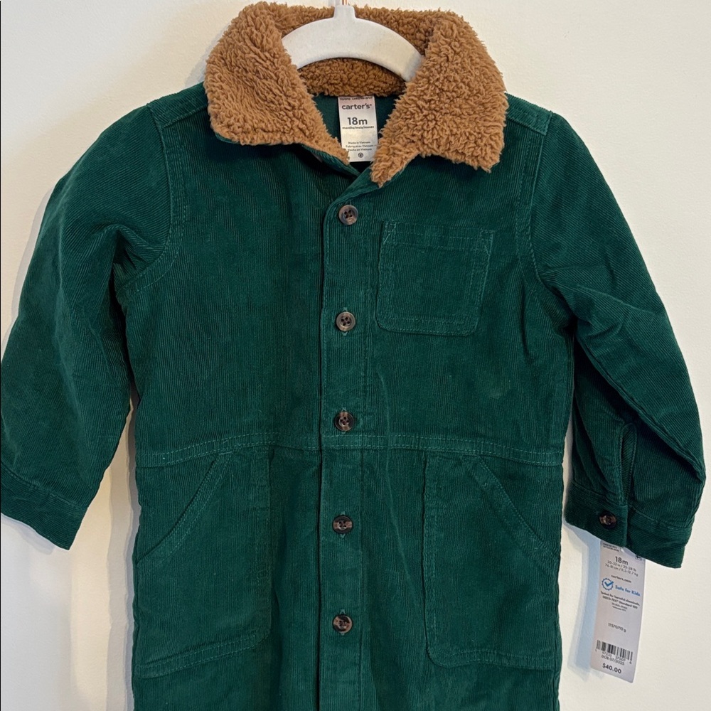 Carter's Forest Green Overalls with Tan Collar and Fleece Lining
